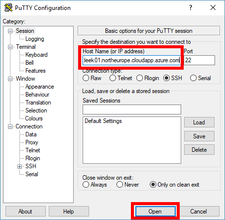 Screenshot of the PuTTy application user interface. An example Node DNS name is shown, inside the Host Name (or IP address) field. The Host Name (or IP address) field is highlighted to illustrate where to enter the Node DNS name into the Host Name field in PuTTy. The Open button is also highlighted to indicate that selecting the button is necessary when opening a new SSH connection in PuTTy.